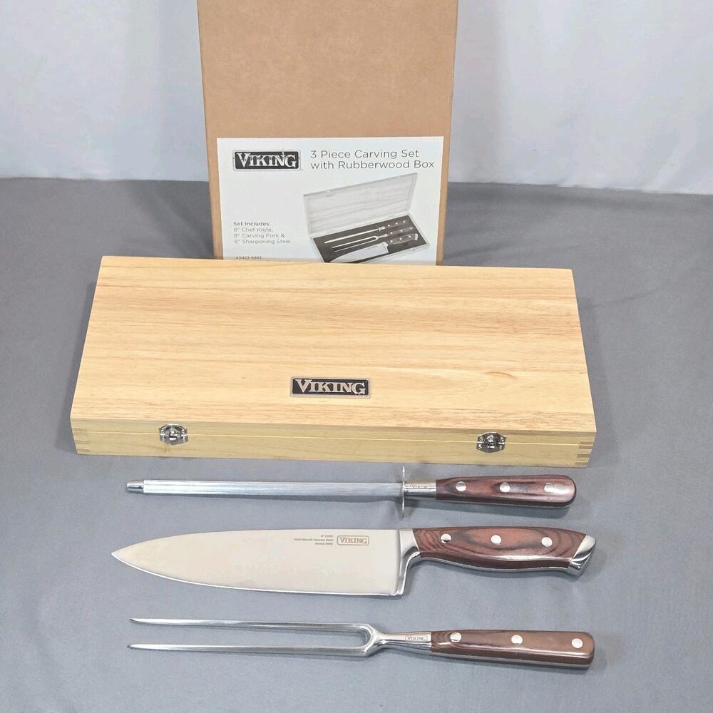 Viking 3 Piece Carving Set German Steel With RubberWood Box New